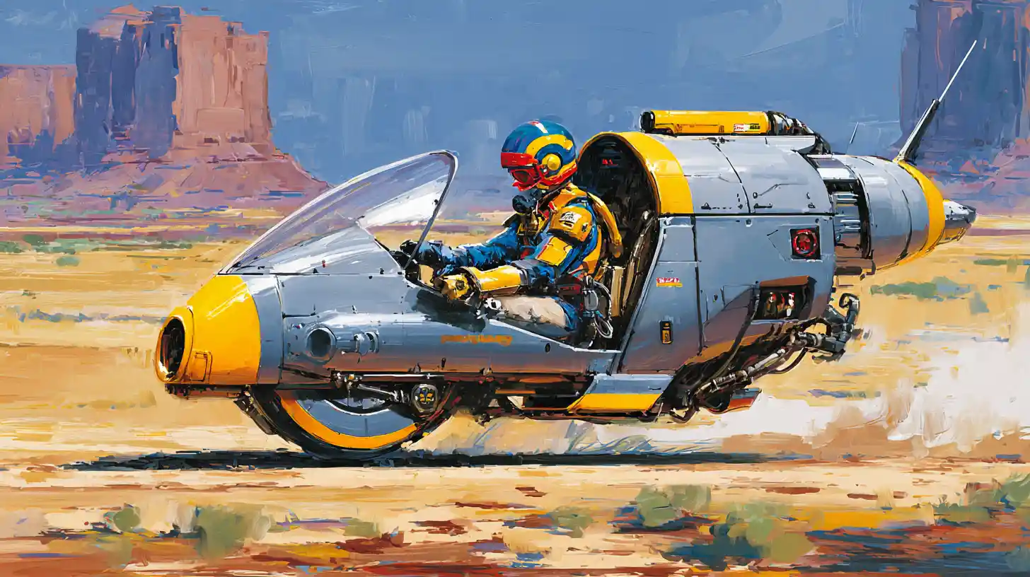 Futuristic hyper speeder racing across a colorful desert plain