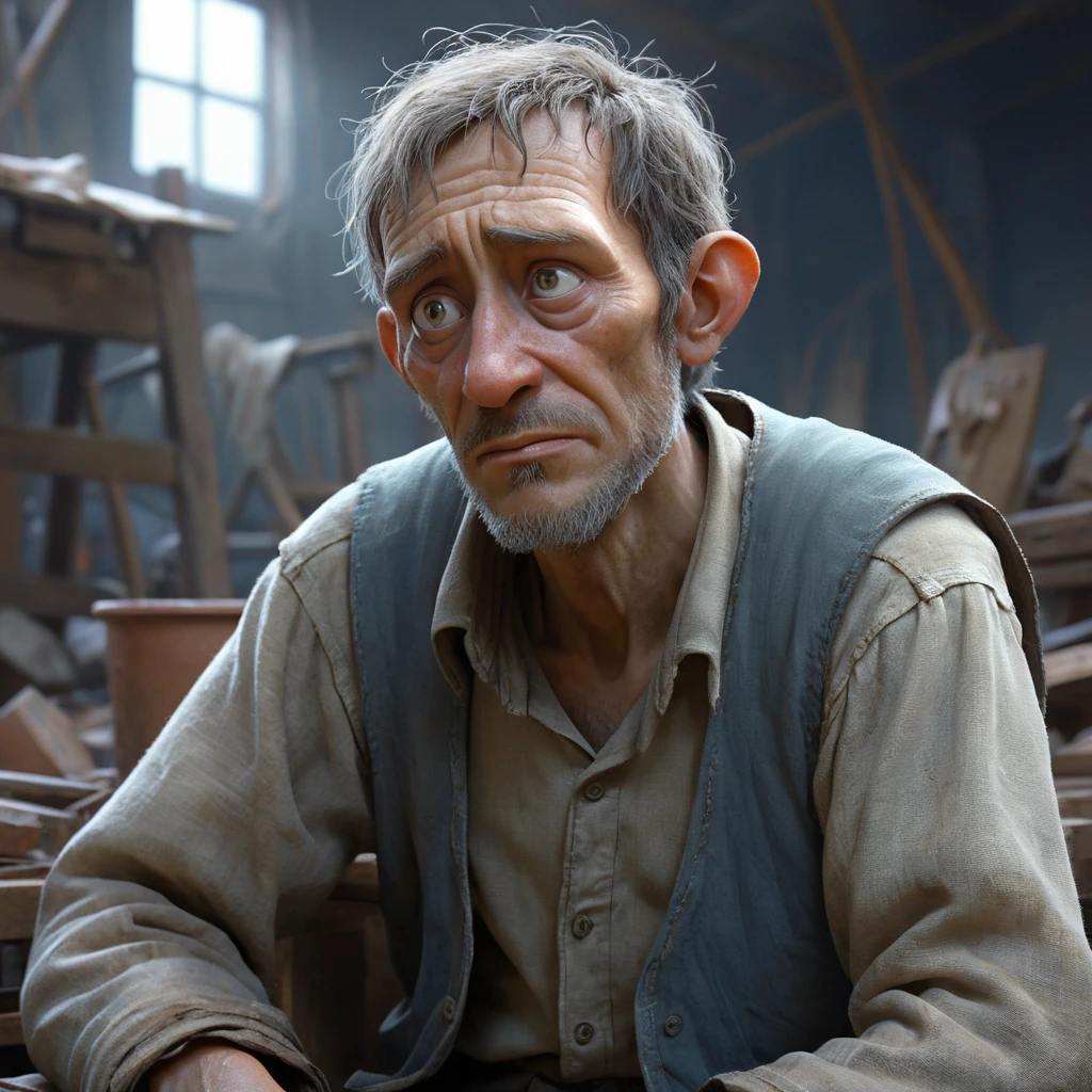 Tired poor worker with sad eyes in 3D cartoon style
