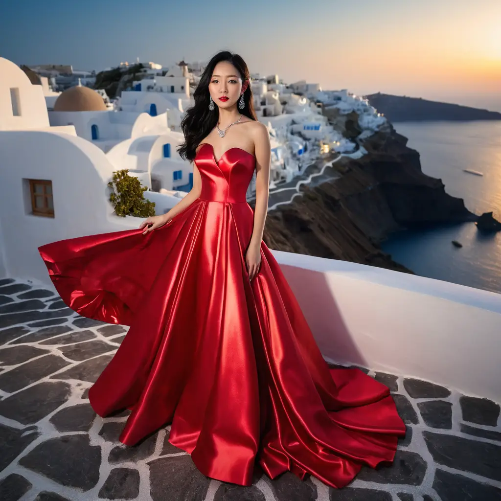 Elegante chica japonesa con vestido de satén rojo de noche