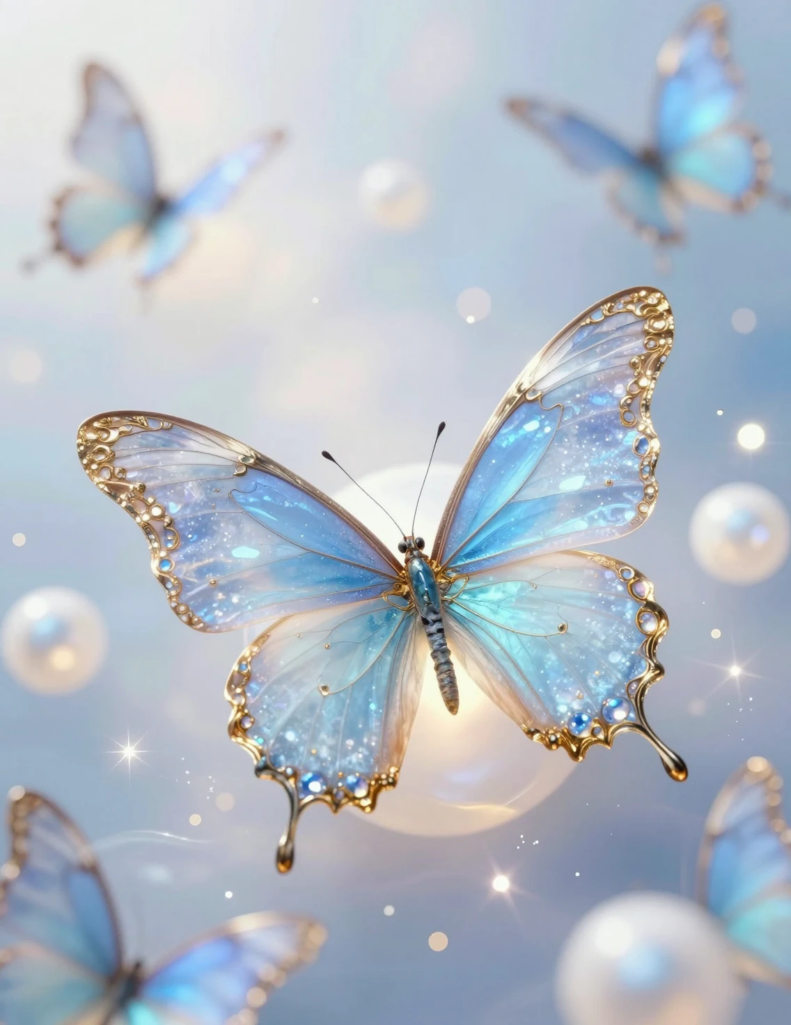 Mariposa azul cristalina entre orbes brillantes en una luz de ensueño