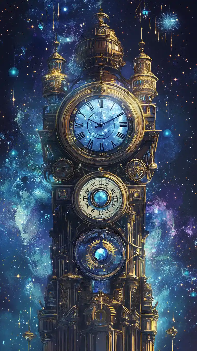 Surrealer Steampunk-Uhrturm mit beobachtenden Augen im Weltraum
