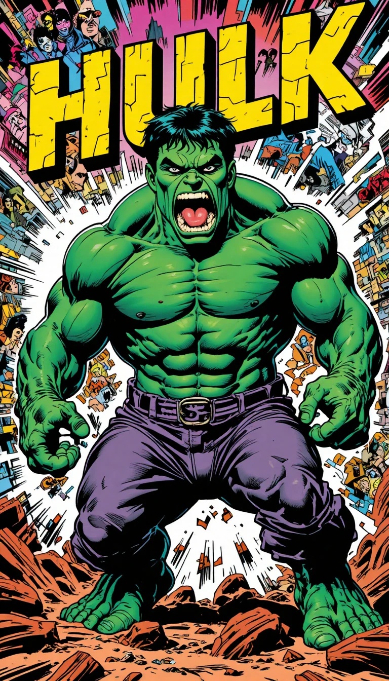 Wilder grauer Hulk-Style-Superheld in Retro-Comic-Action