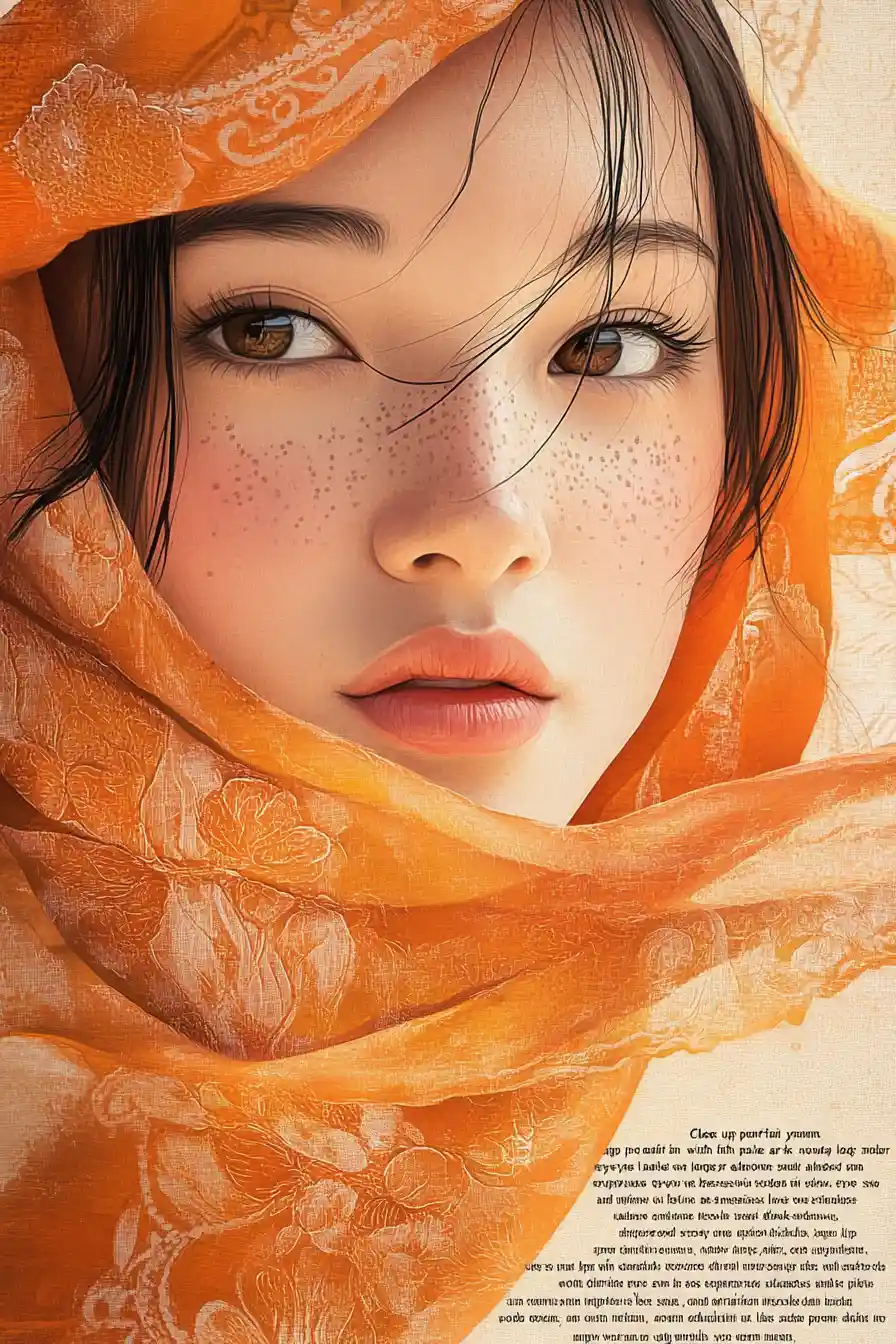 Close up portrait of an Asian woman in orange headscarf