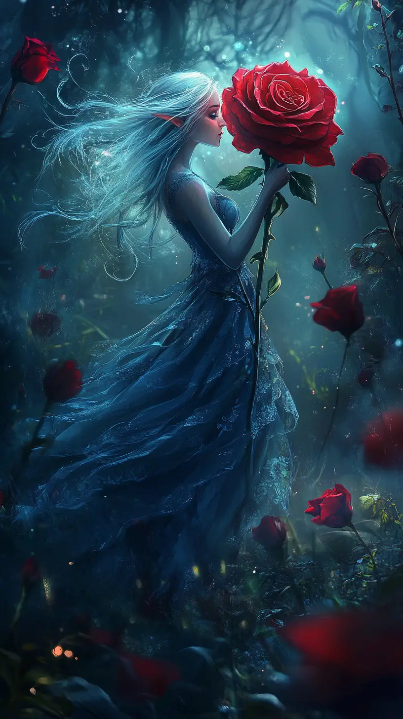 Elf maiden portrait painted upon a giant red rose