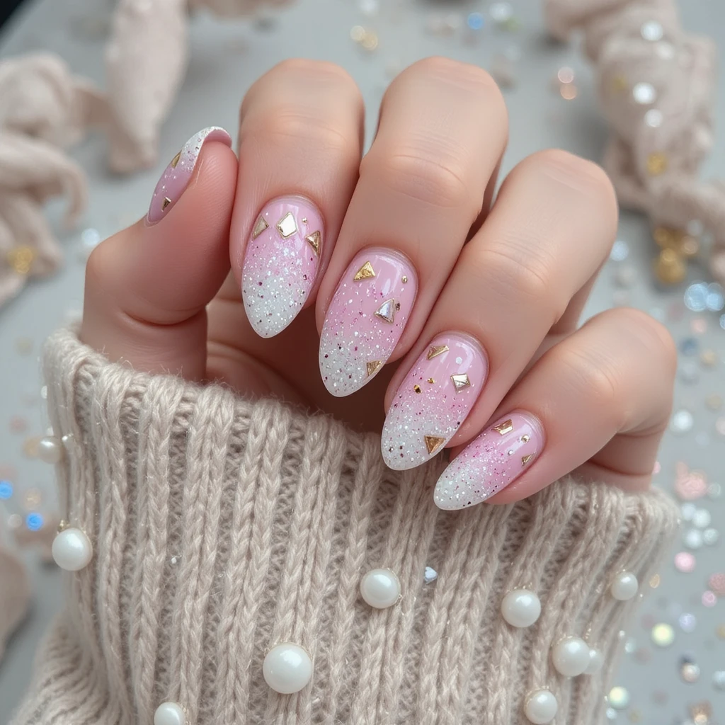 Close up of pink glitter almond nails with gold accents