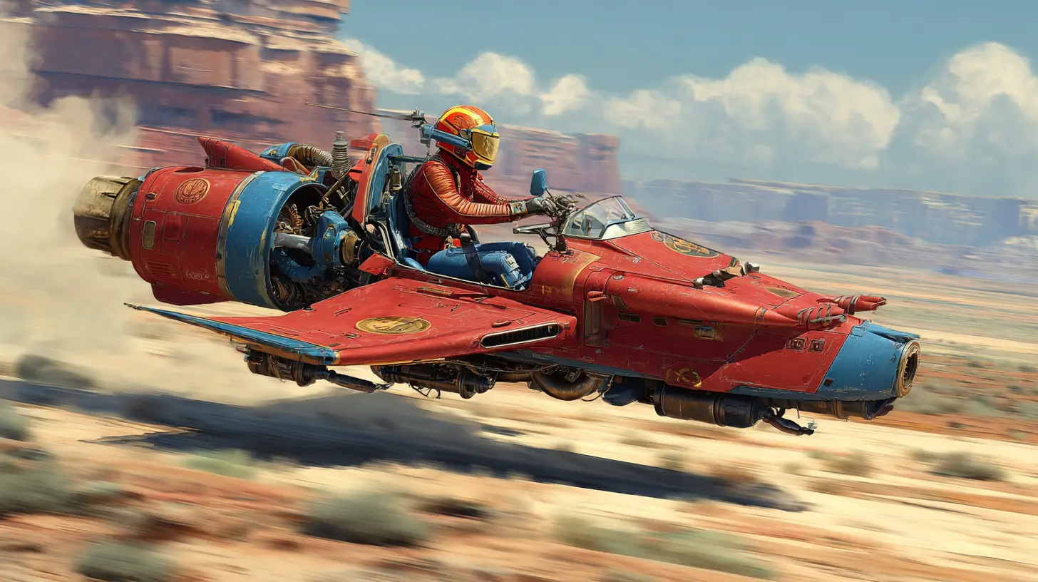 Futuristic crimson hyper speeder racing across dusty desert