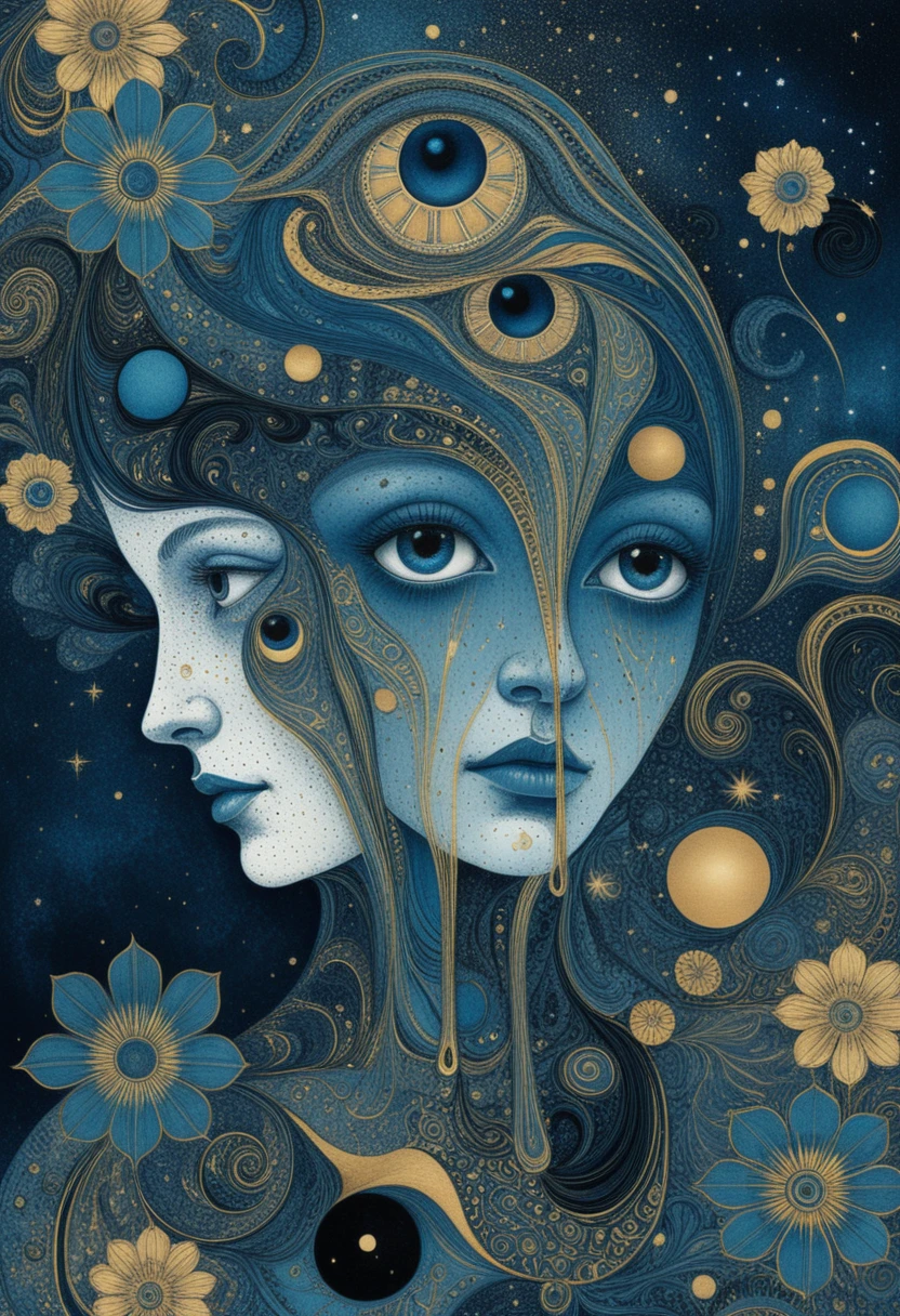 Surreal female faces merging with cosmic abstract shapes