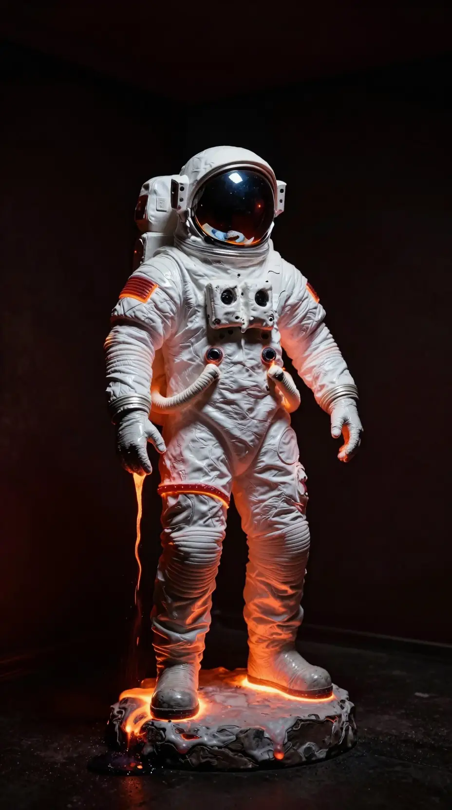 Melting cosmonaut statue in a dark lava lit room