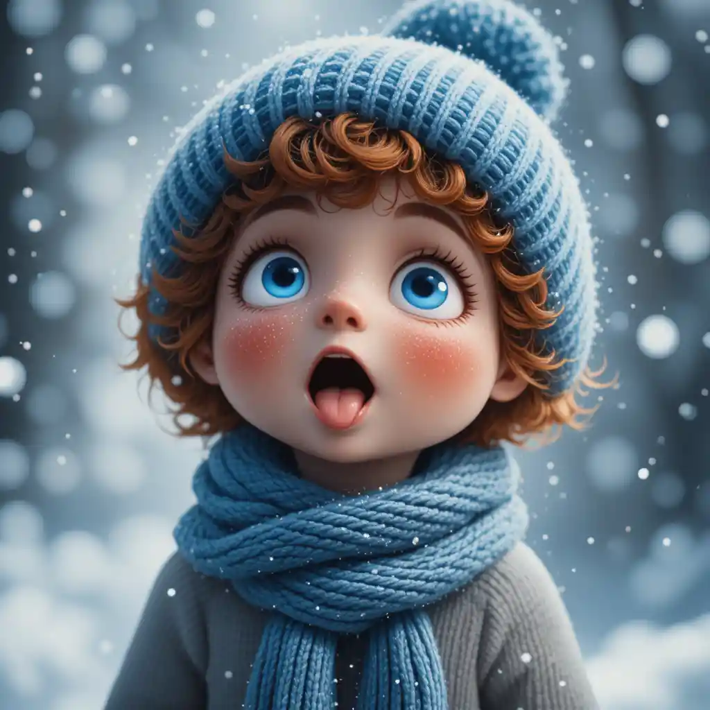 Young child catching snowflakes with tongue in winter