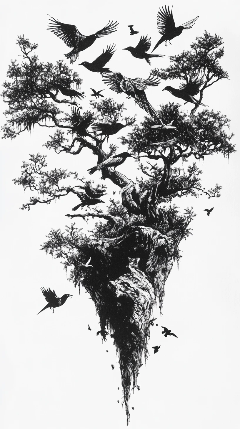 Ilusión surrealista en tinta de aves y árboles que forman figuras ocultas