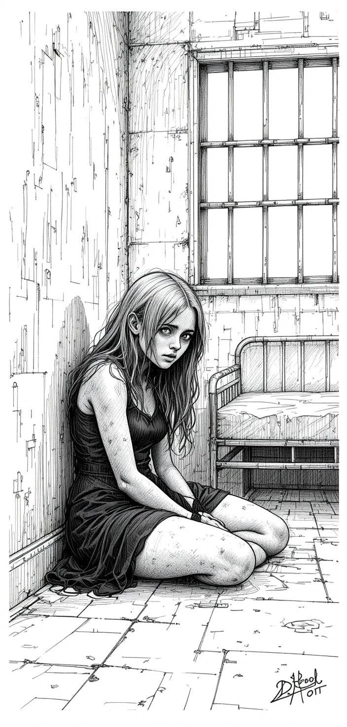 Terrified young woman crying on the floor in black and white