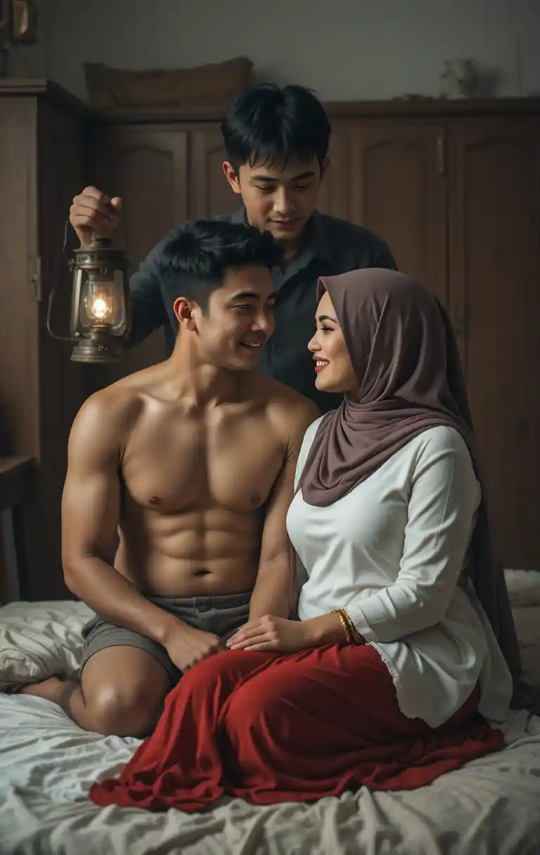 Shirtless man and hijab woman sitting closely on a bed