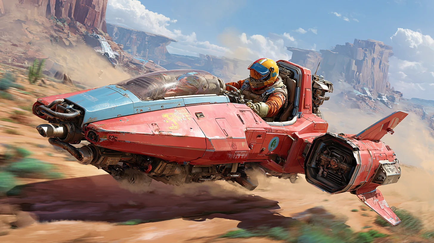 Futuristic crimson hyper speeder racing across desert plains