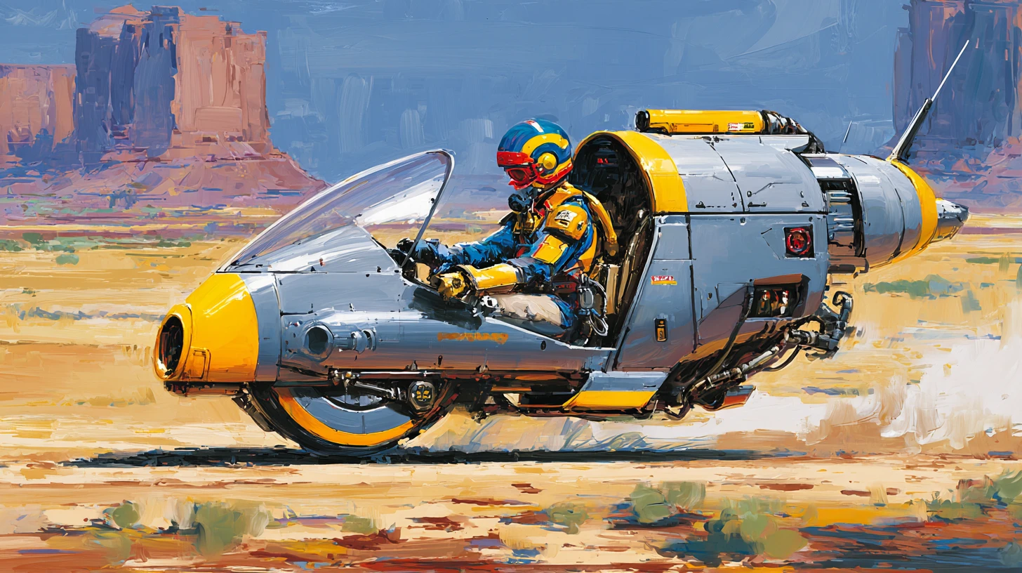Hiperspeeder futurista corriendo sobre una colorida llanura desértica