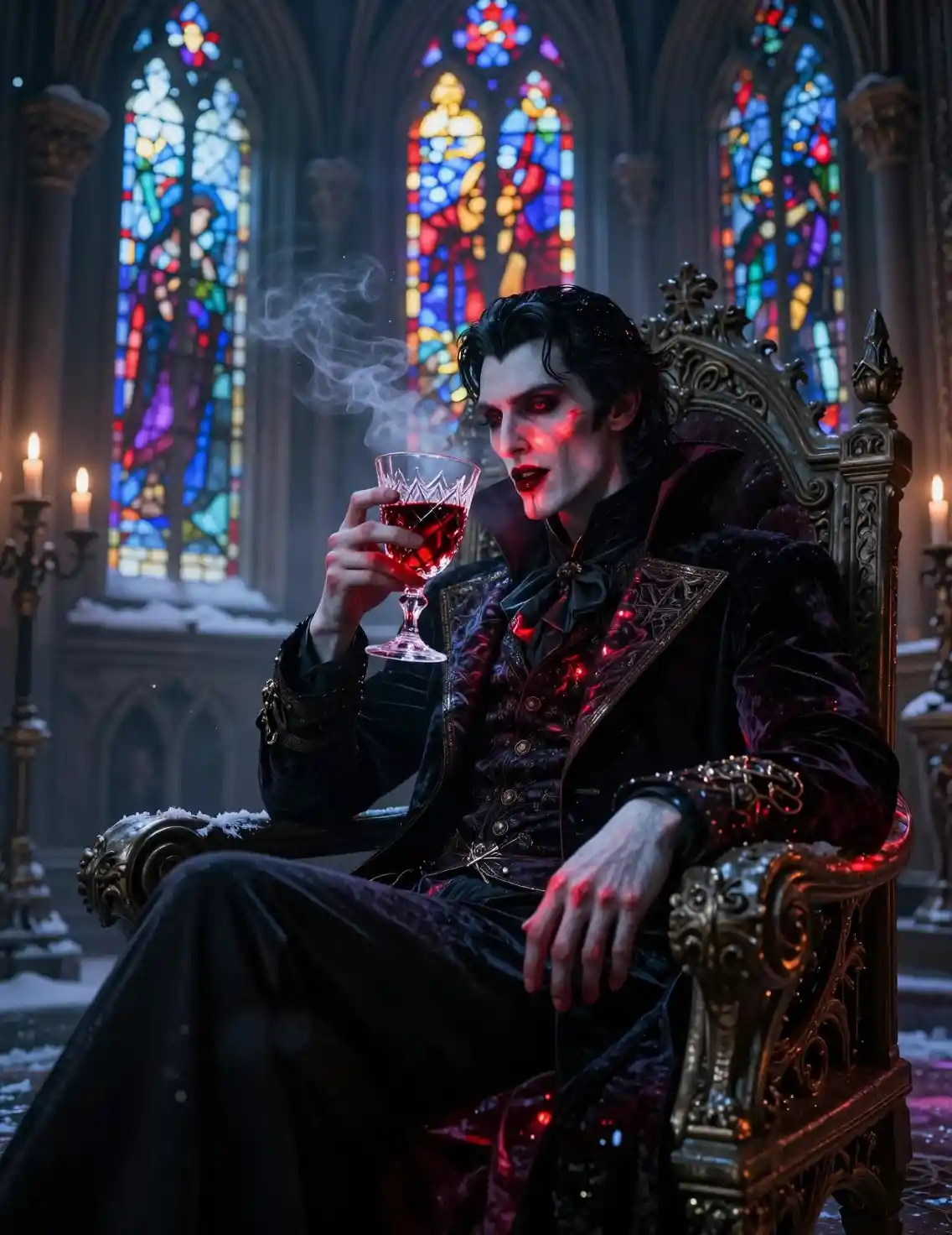 Señor vampiro gótico en un trono de piedra en castillo a la luz de la luna