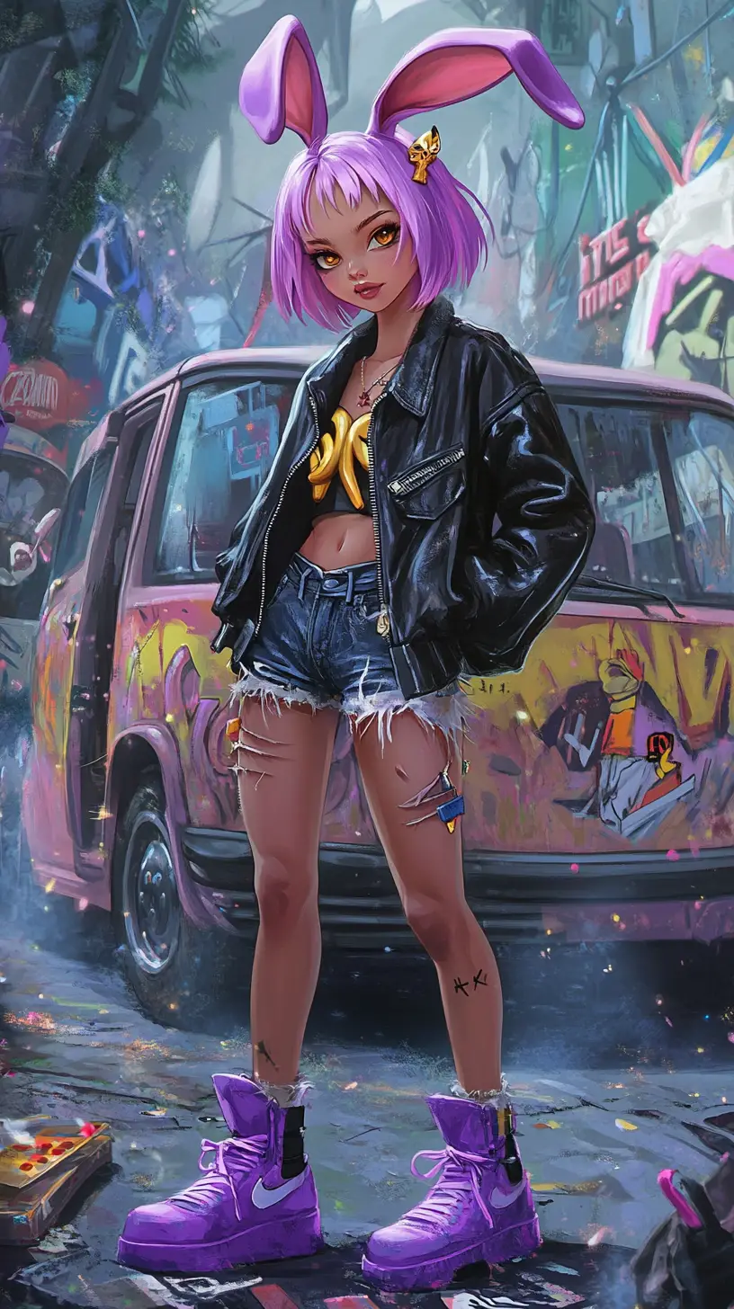 Rebellious anime bunny girl in neon forest graffiti scene