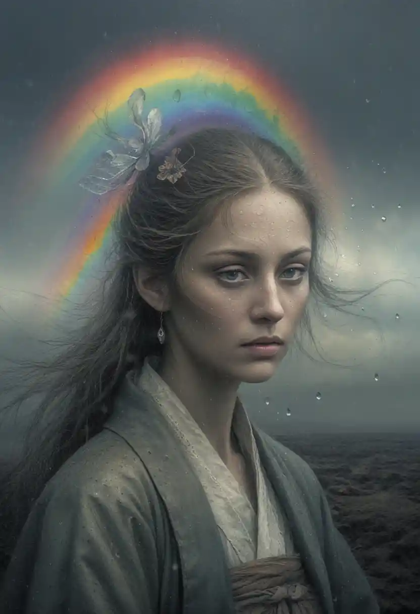 Figura solitaria sotto un cielo scuro con arcobaleno sbiadito