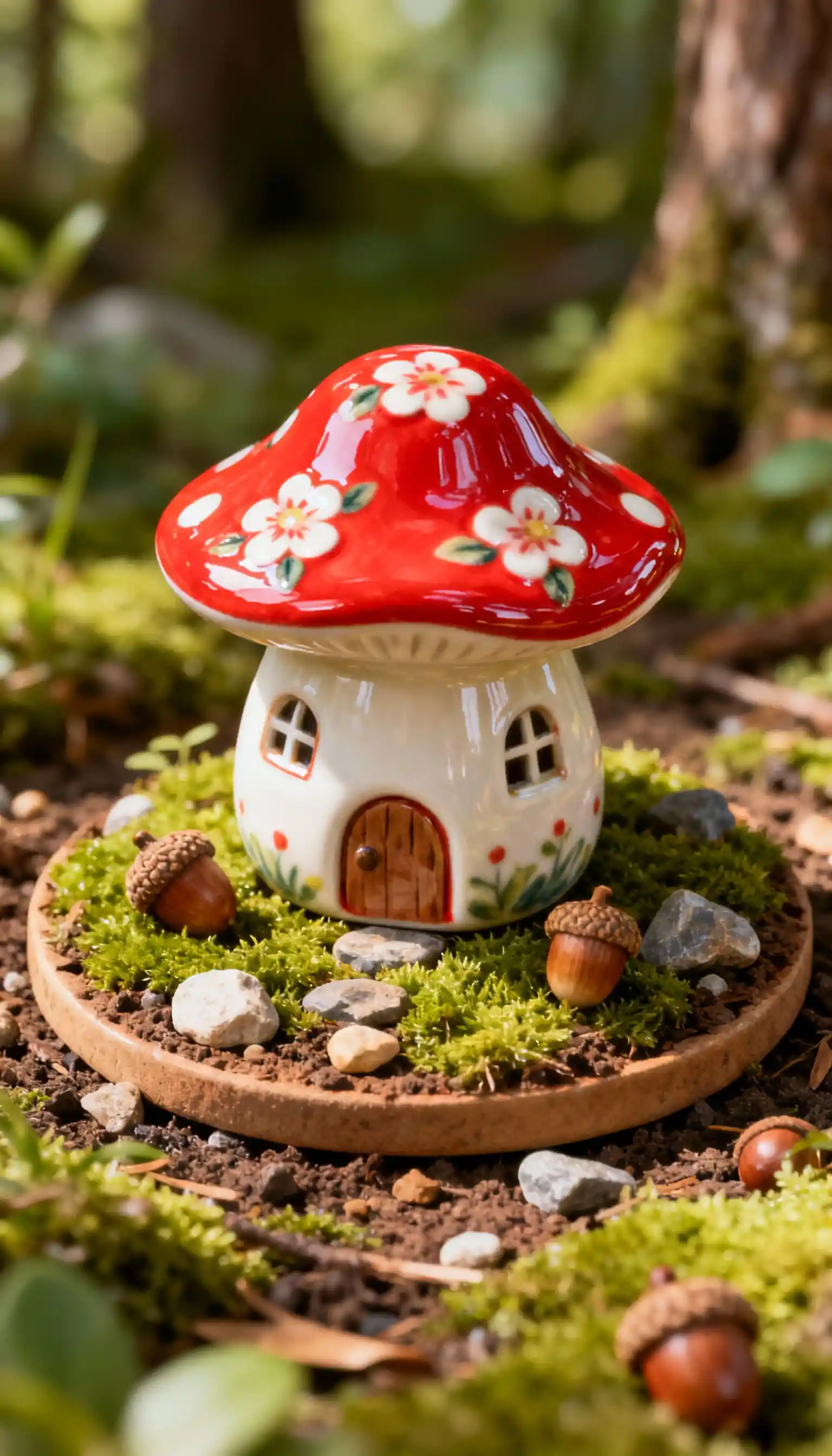 Isometrisches Keramik-Pilzhaus auf winzigem Walddiorama