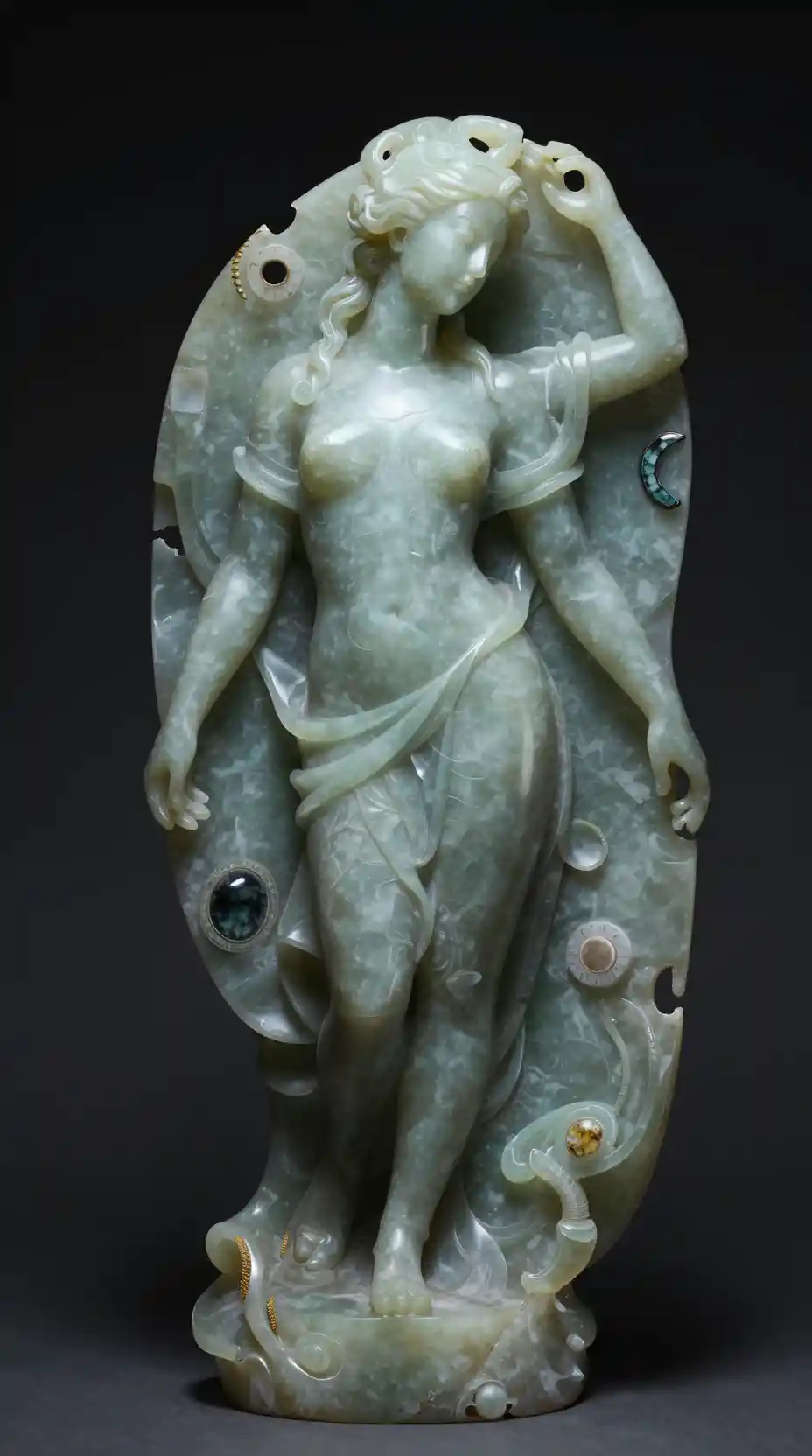 Elegant jade statue carved from obsidian on dark background