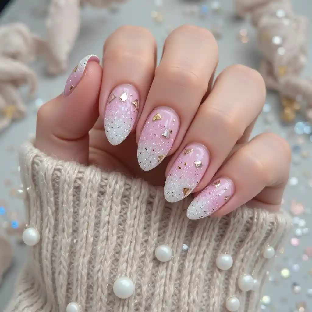 Close up of pink glitter almond nails with gold accents