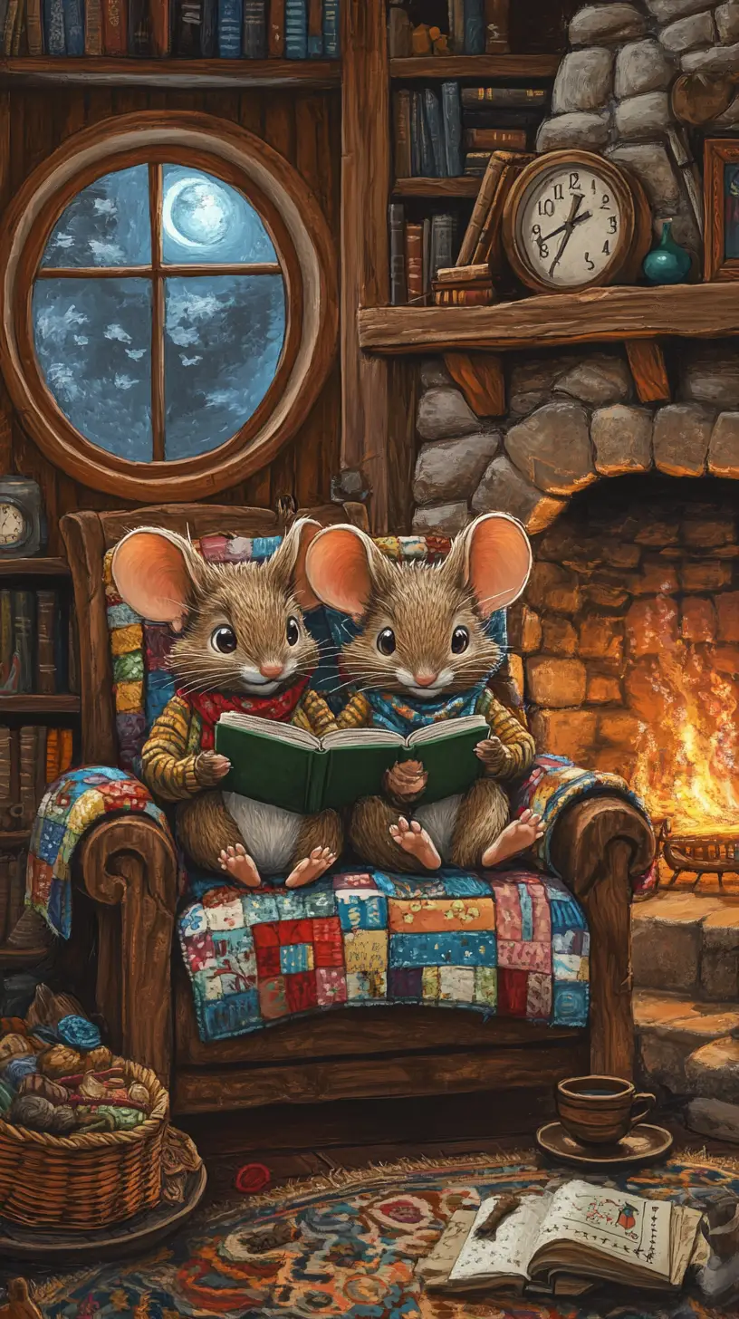 Two cozy mice reading together by the warm fireplace