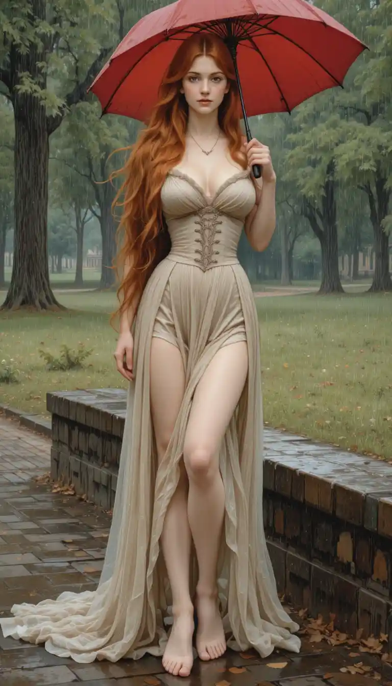 Red haired woman in victorian dress with umbrella in park