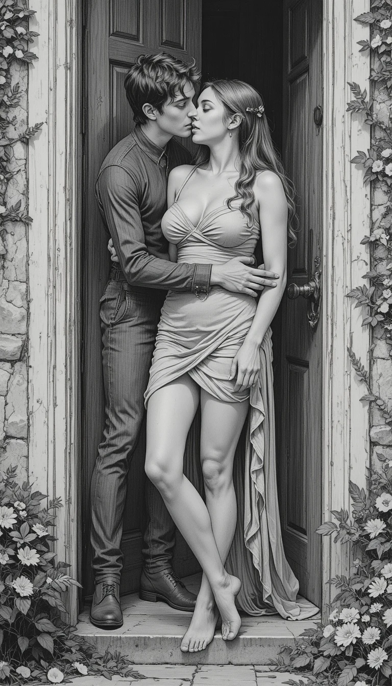 Young couple embracing closely near a front doorway