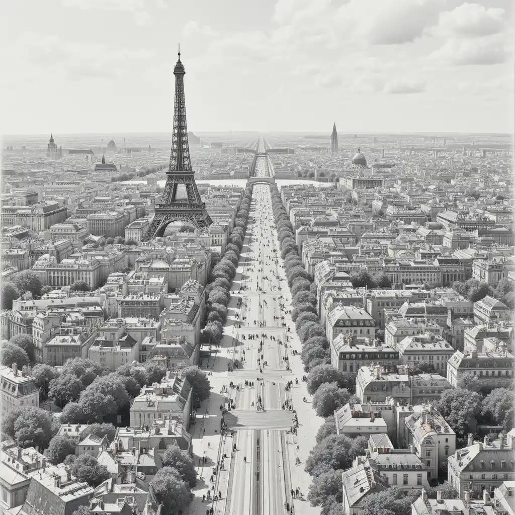 Graphite cityscape of Paris with Eiffel Tower and avenue