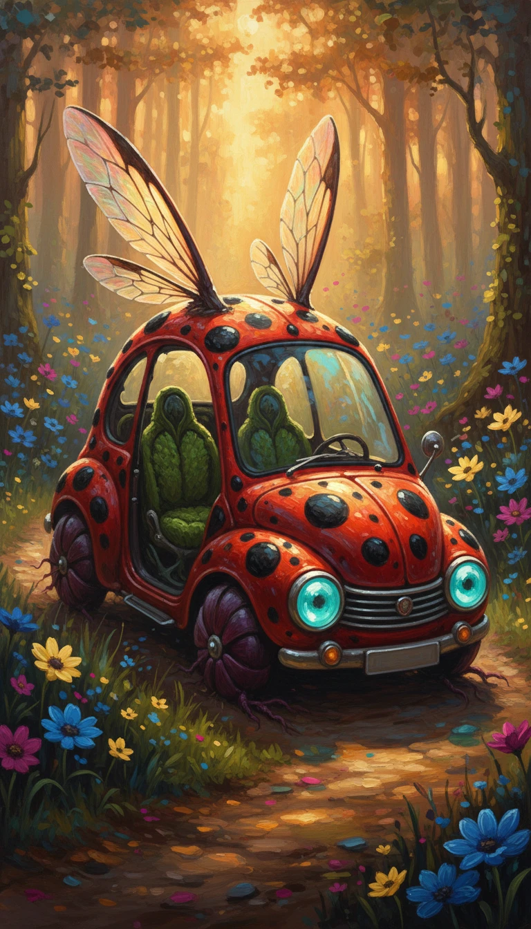 Creatura Auto-Coccinella Surreale su un Sentiero di Foresta Luminoso