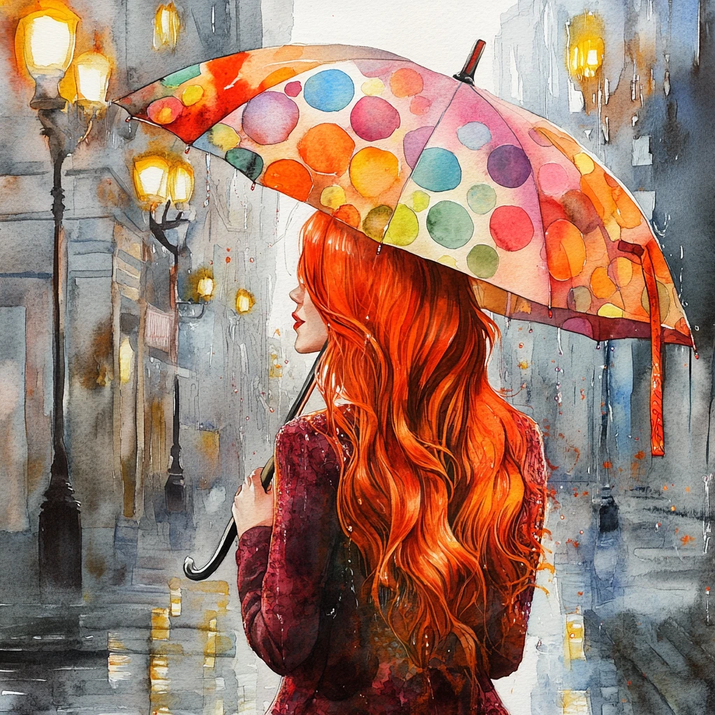 Red haired woman walking under a colorful umbrella