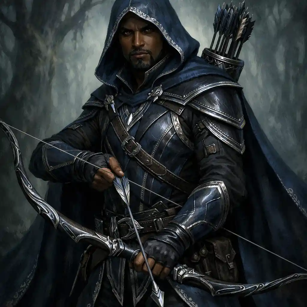 Dark skinned fantasy archer in blue hooded leather cloak