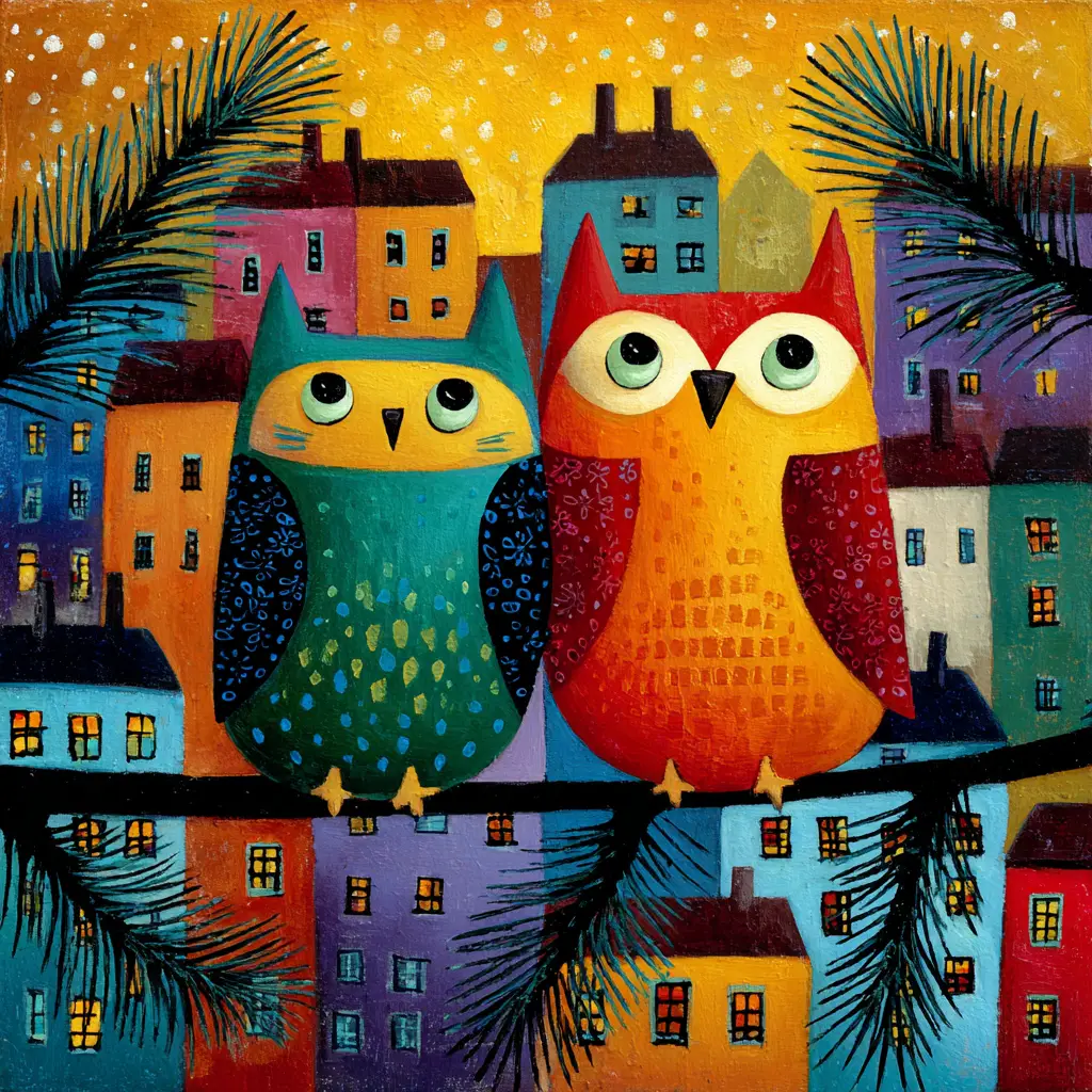 Whimsical owl cats on a spruce branch above town