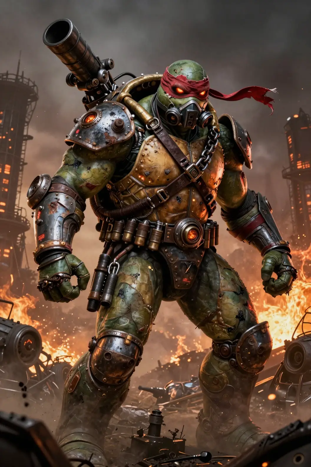 Dieselpunk turtle warlord in a ruined industrial wasteland