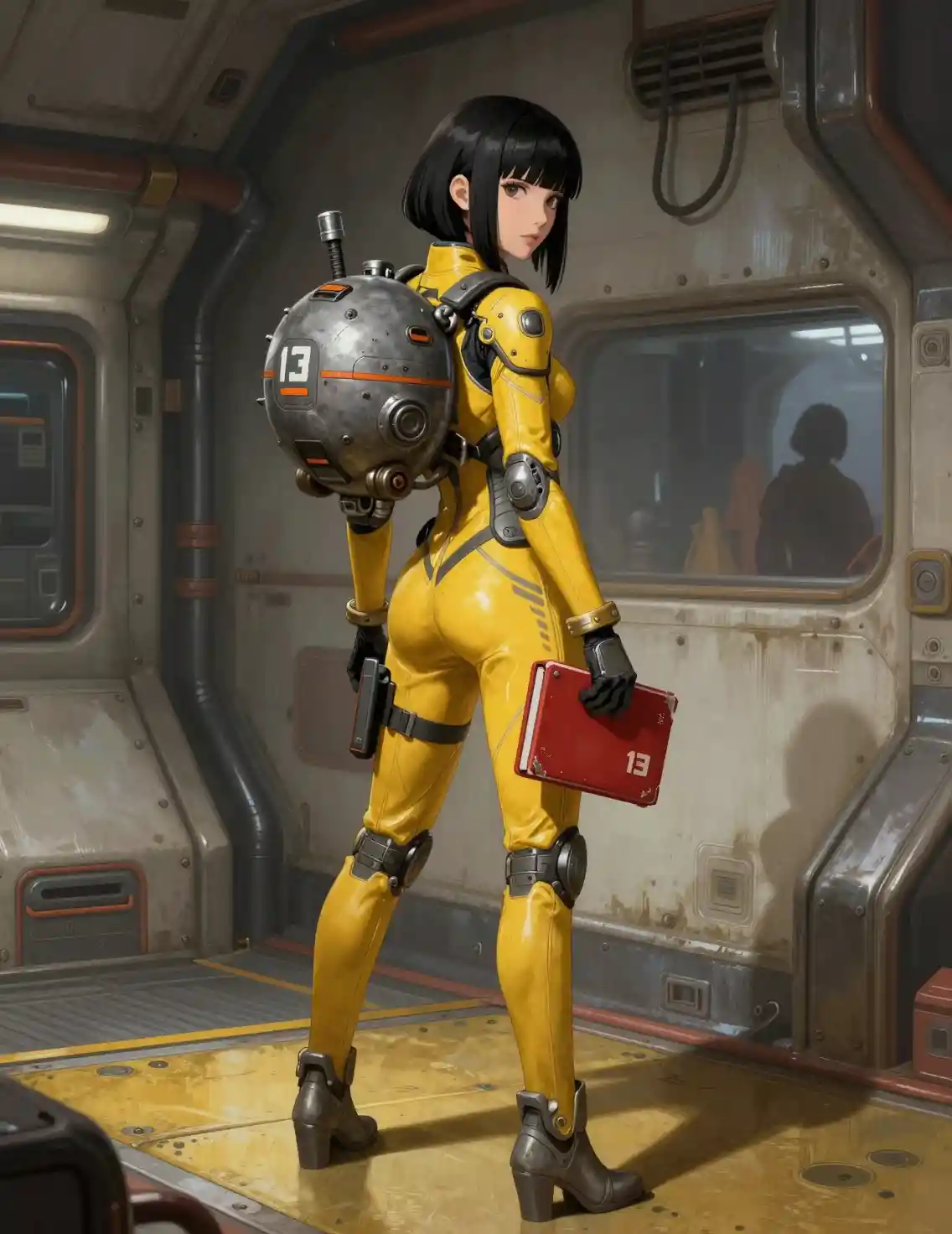 Cybernetic woman on industrial platform in spacecraft bay