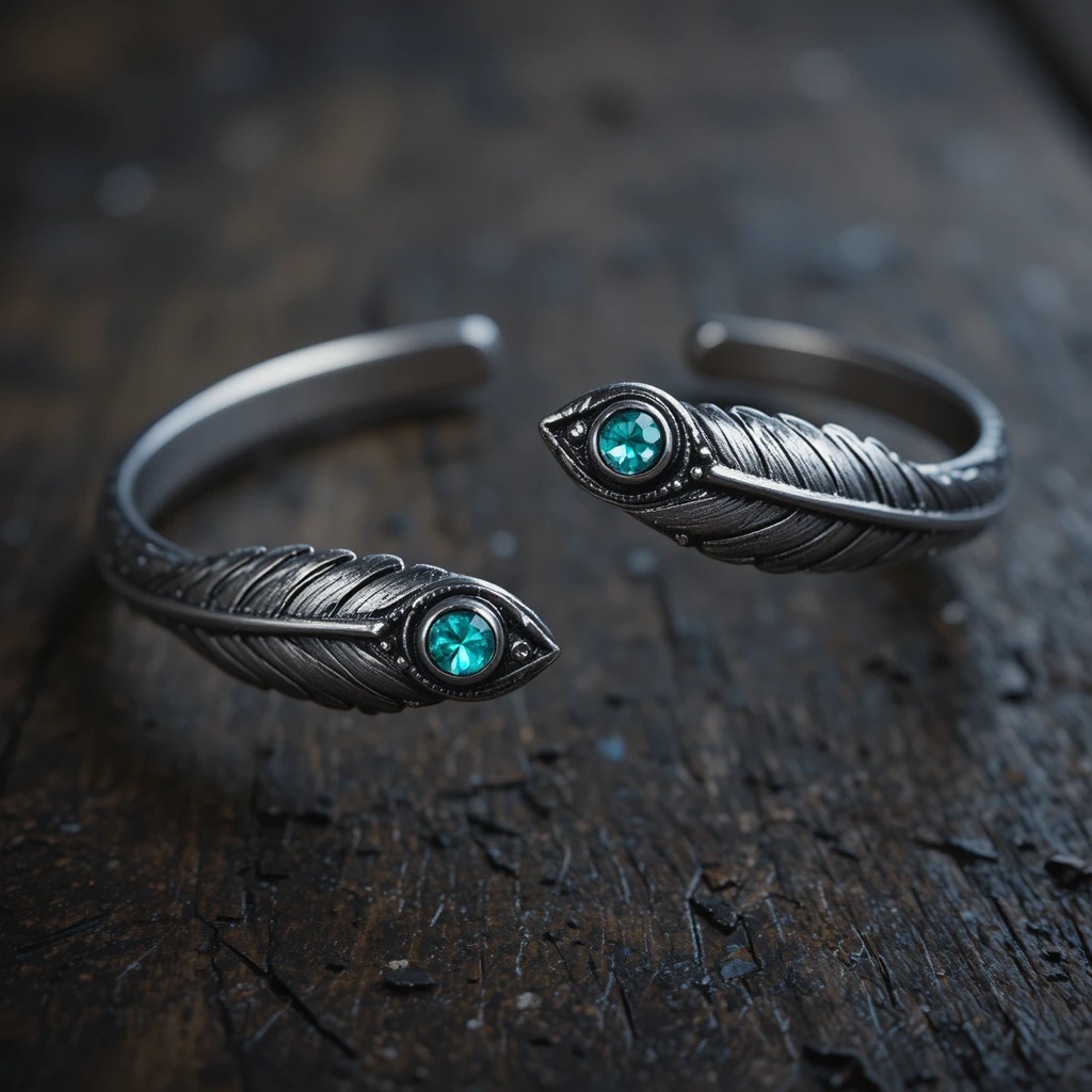 Silver feather cuff bracelet with teal gemstones on wood