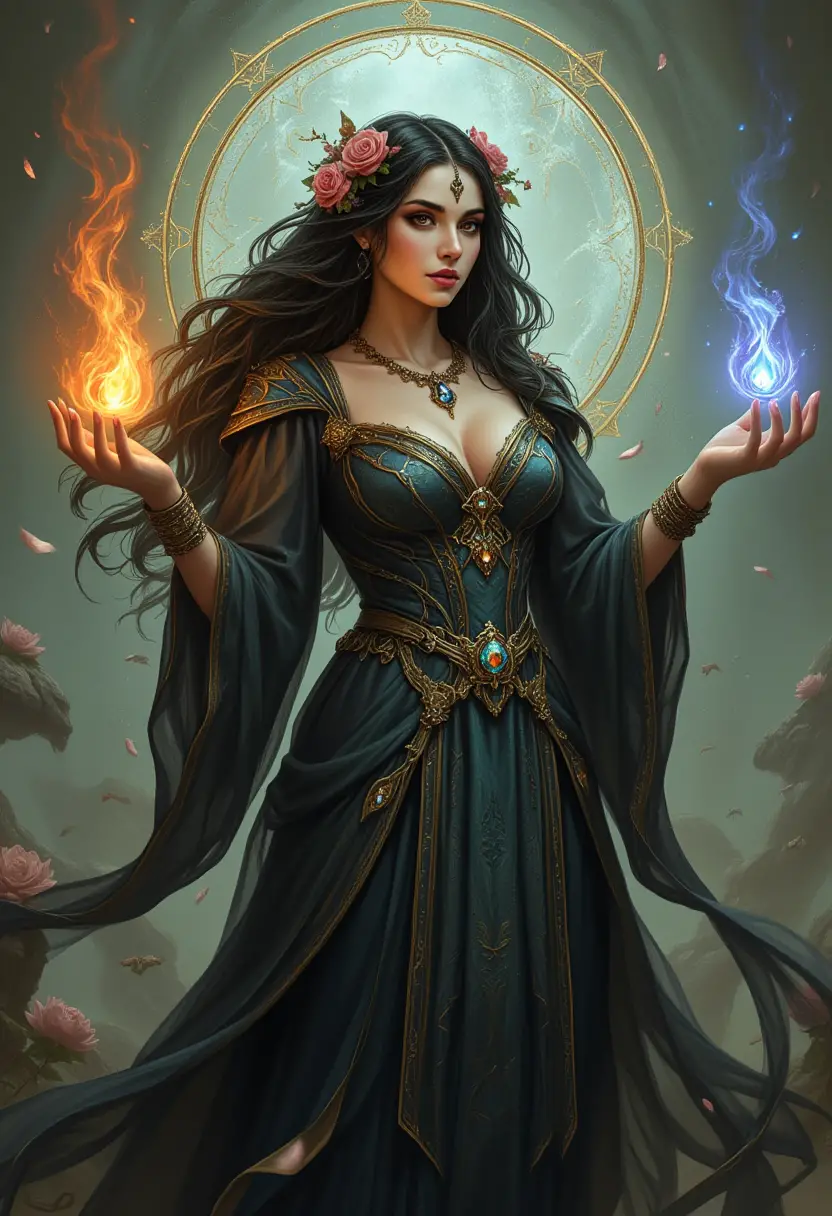 Elegant sorceress casting elemental magic in ornate baroque robes