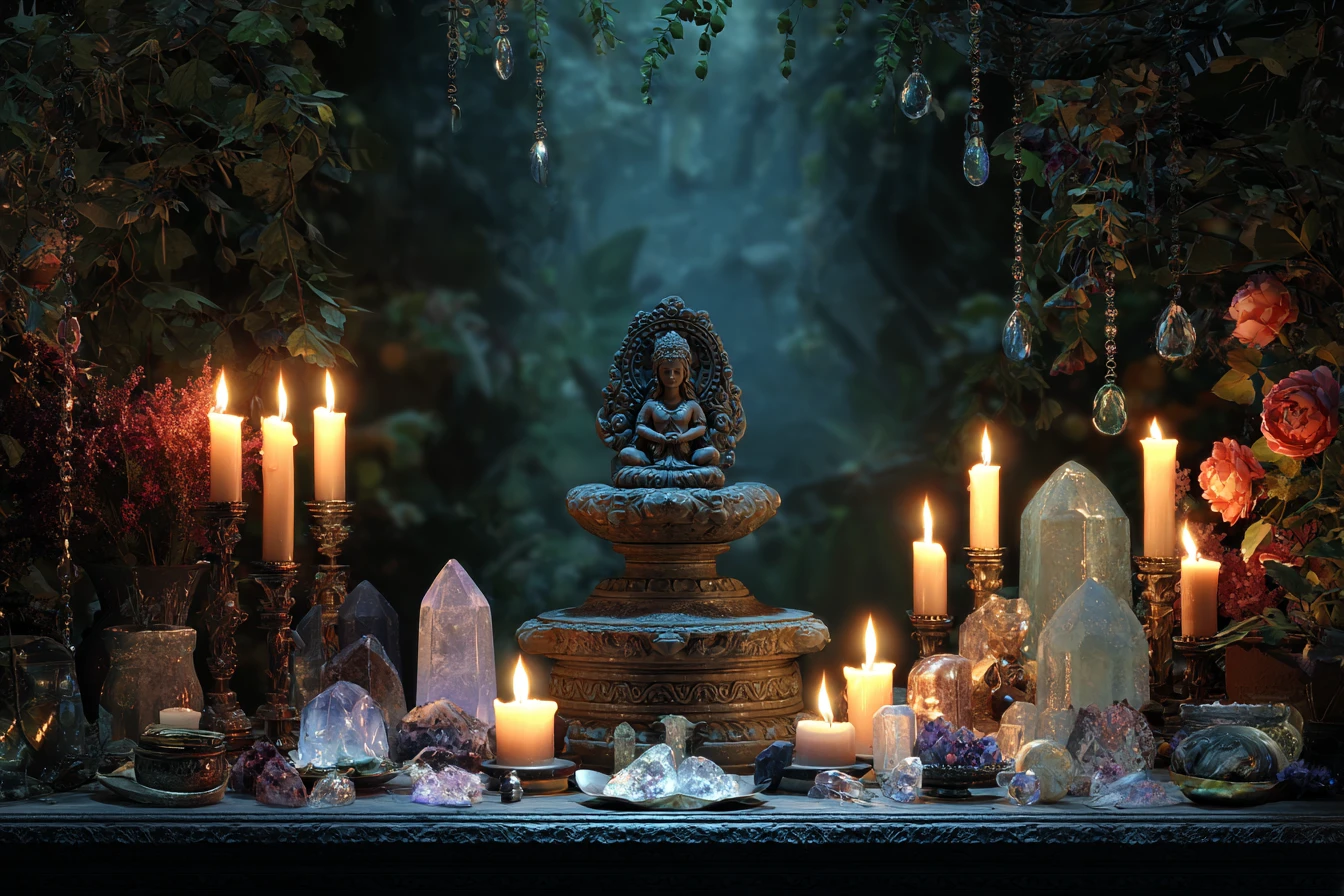 Witch altar with candles crystals and goddess statue