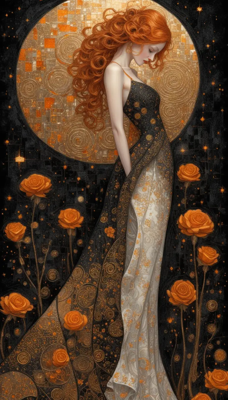 Melancholic red haired woman before a glowing golden moon
