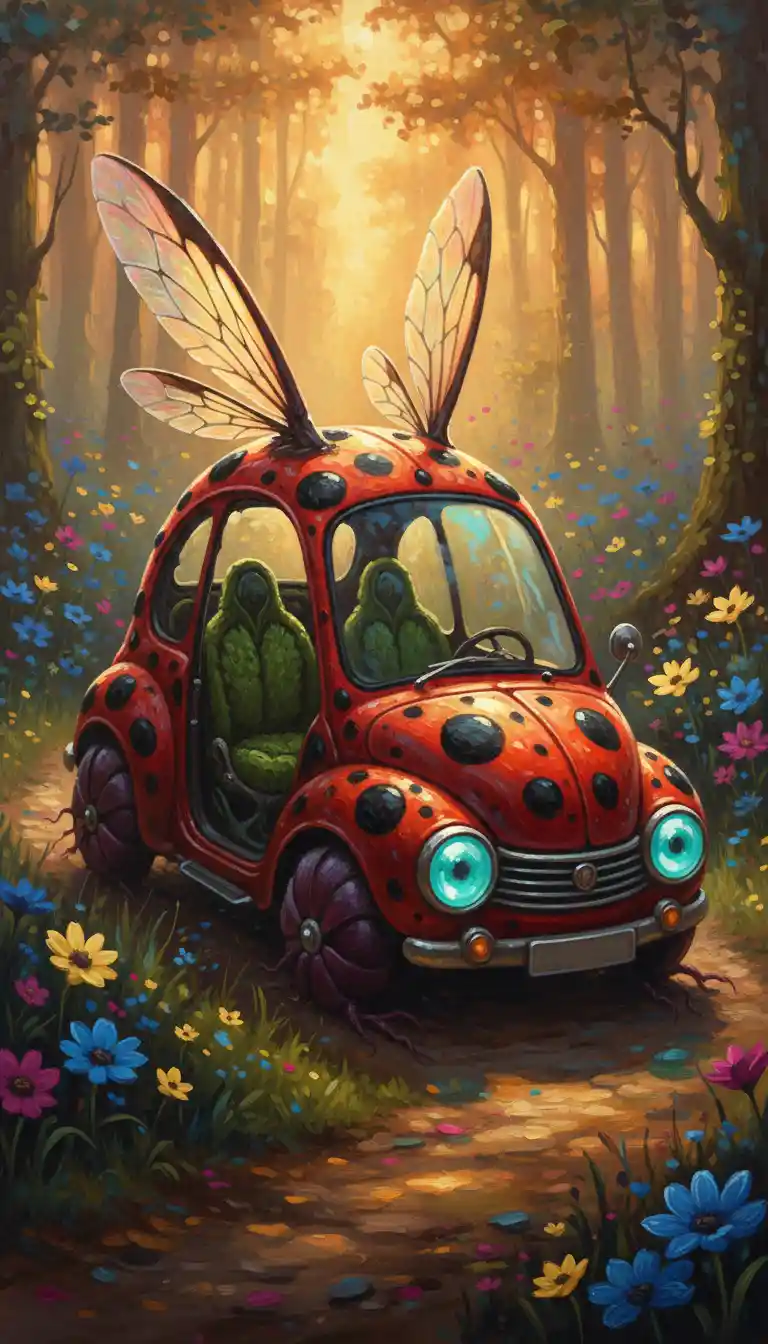 Creatura Auto-Coccinella Surreale su un Sentiero di Foresta Luminoso