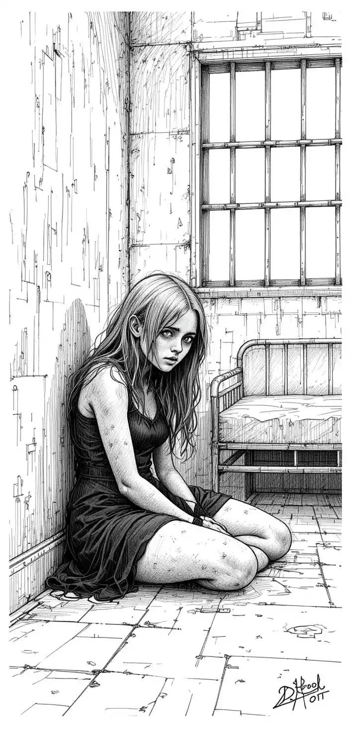 Terrified young woman crying on the floor in black and white