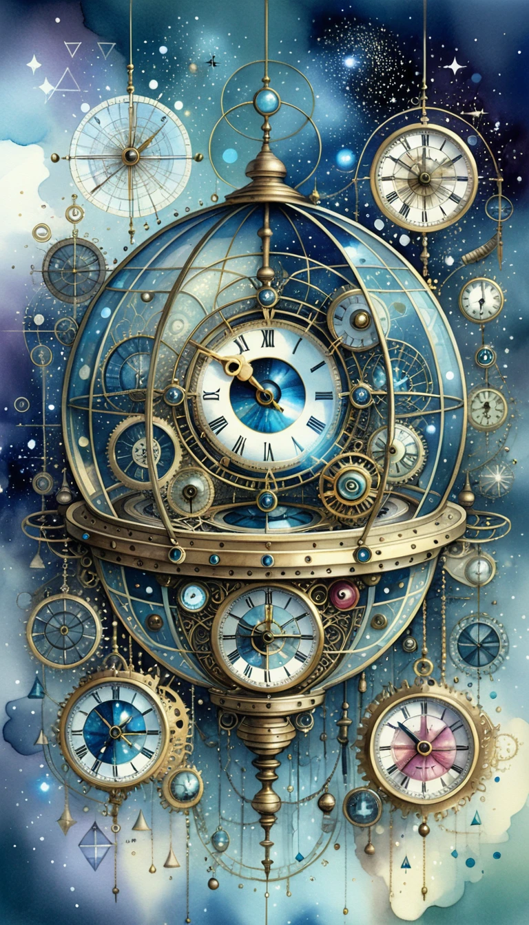 Surrealer Steampunk-Uhrturm mit kosmischen Augen am Nachthimmel