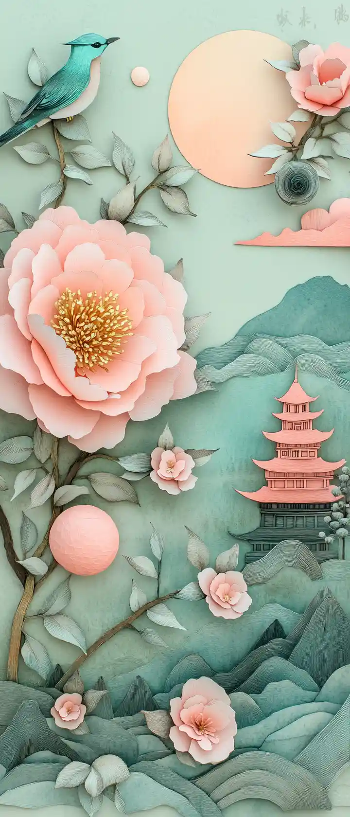Ilustración floral de aves de Asia Oriental con sereno fondo jade