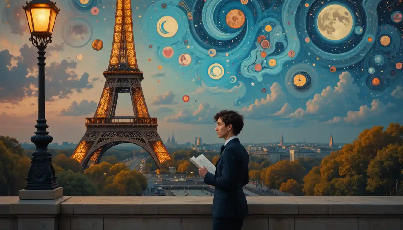 Young poet in love beneath the Paris Eiffel Tower
