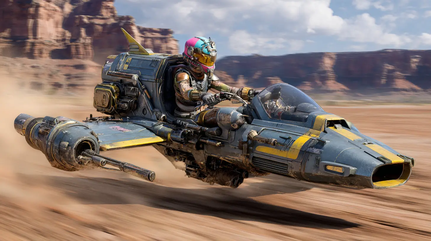 Single seat hyper speeder racing across a dusty desert