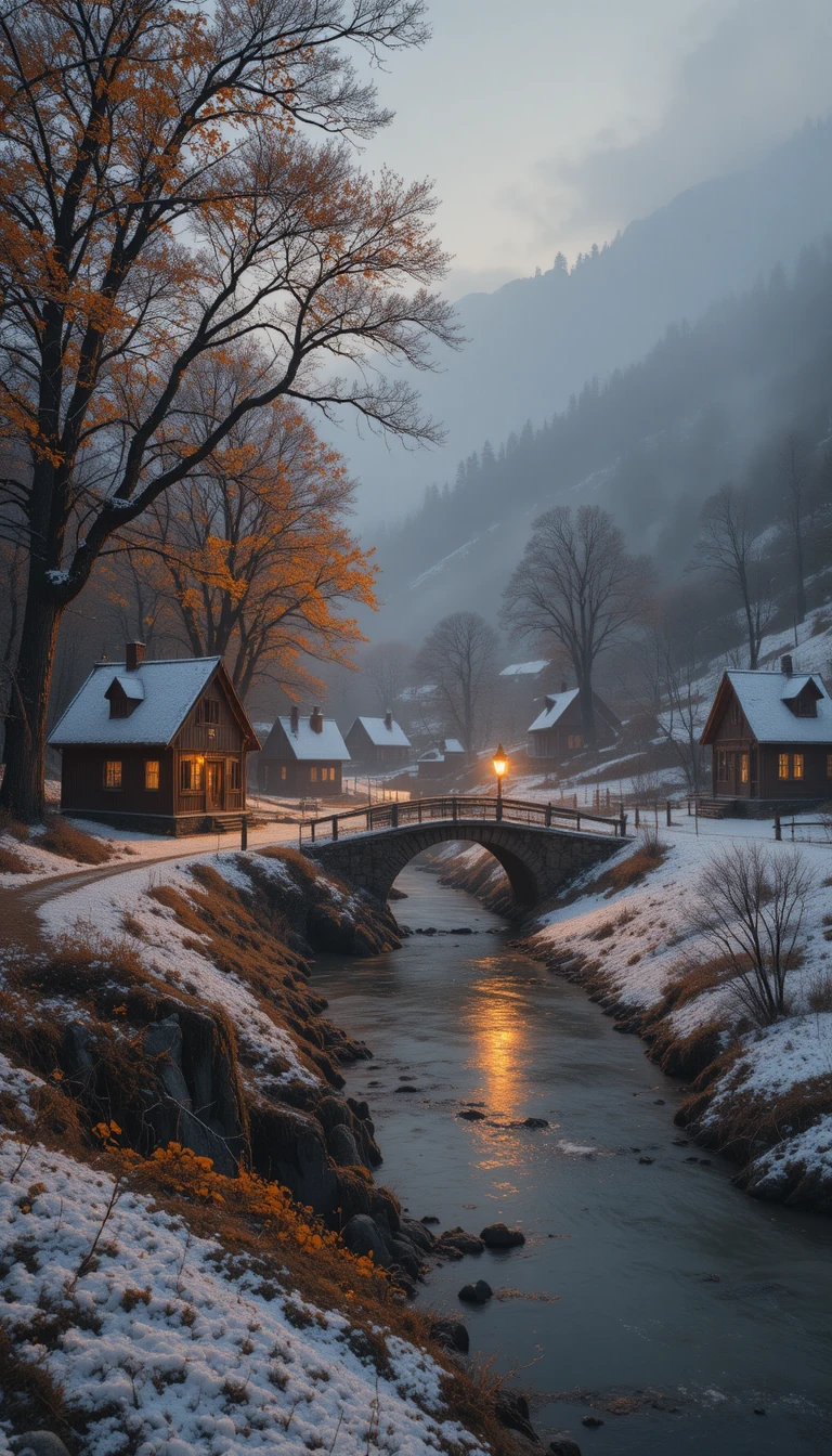 Schneebestäubte Häuschen an einem gefrorenen Bach in der Dämmerung