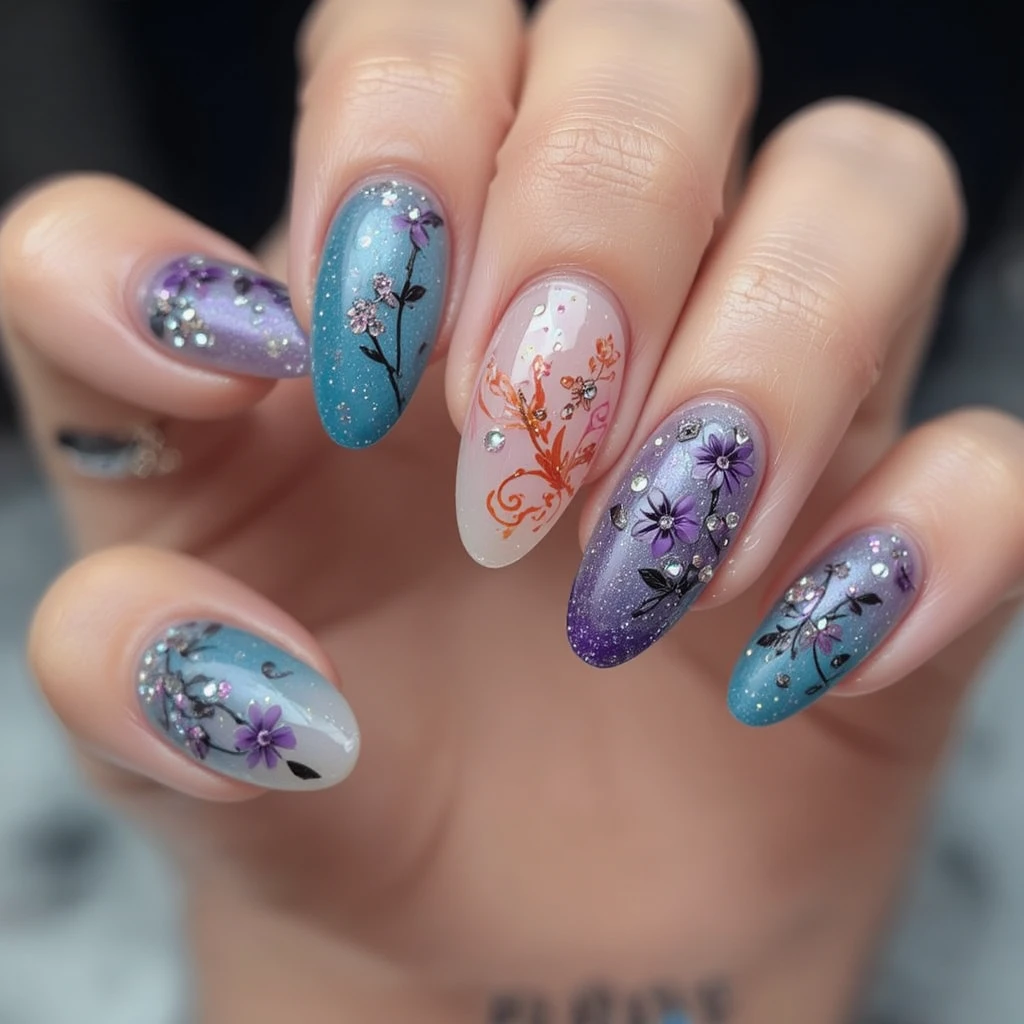 Primo piano di manicure con nail art teal floreale e strass