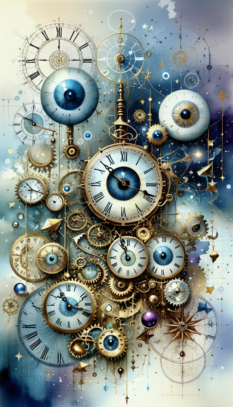 Surrealer Steampunk-Uhrturm mit kosmischen Augen und Sternen