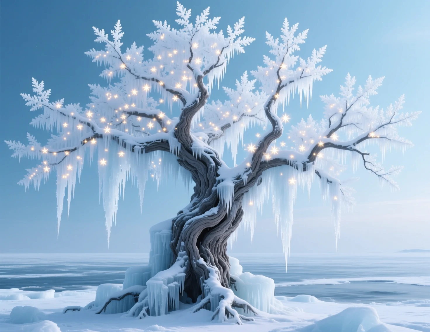 Antiguo árbol de hielo frente a un vasto mar de invierno congelado
