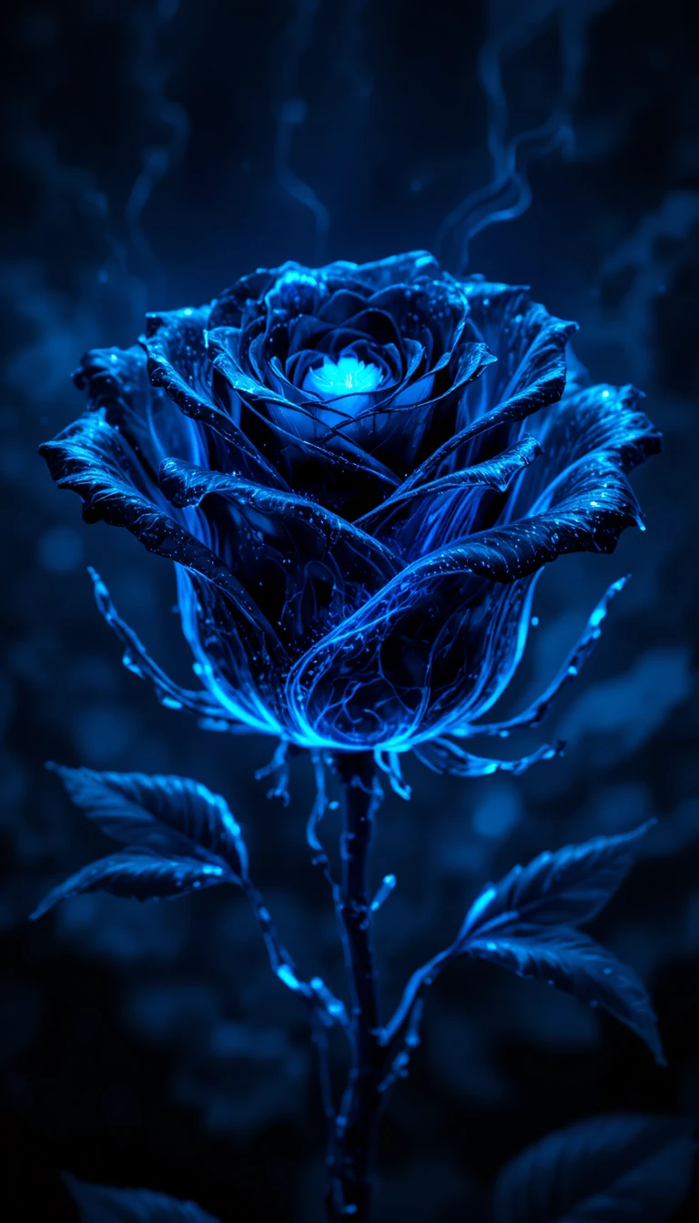 Leuchtende schwarze Rose mit blauem Licht im dunklen abstrakten Raum