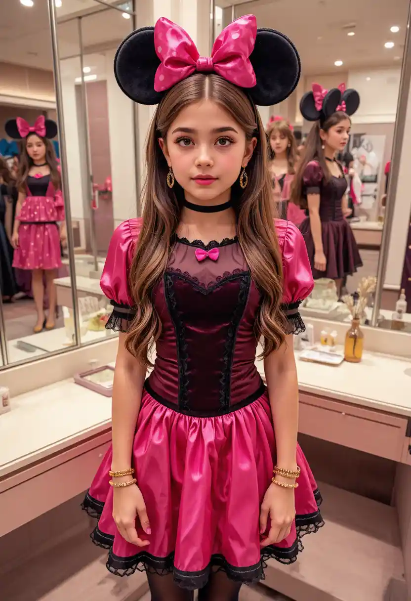 Ragazzo preadolescente nervoso in vestito rosa di Minnie alla toeletta